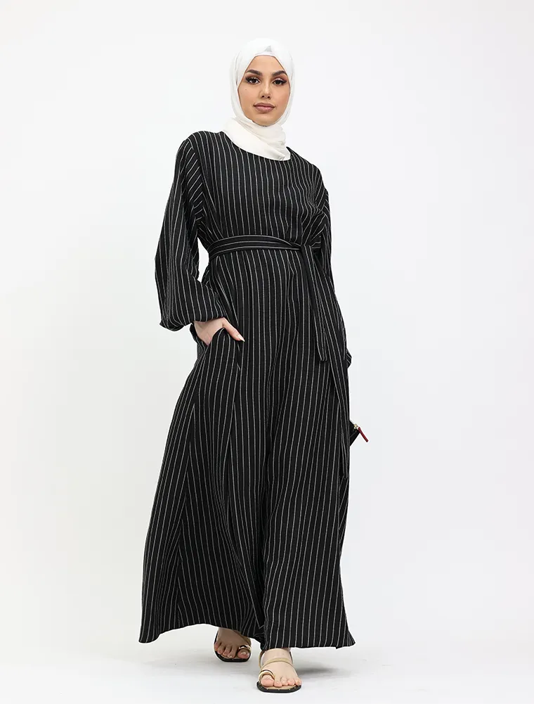Black Stripe Linen Feel Essential Abaya
